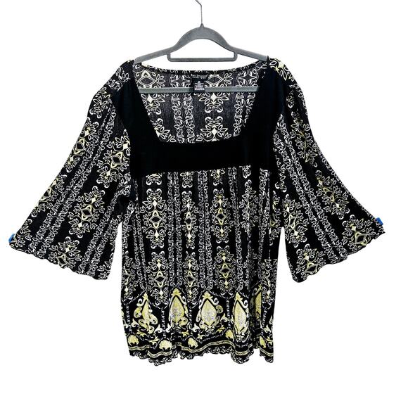 Bay Studio Womens 2X Square Neck Bell Sleeve Peasant Top Black Boho Floral Swirl - Picture 1 of 5